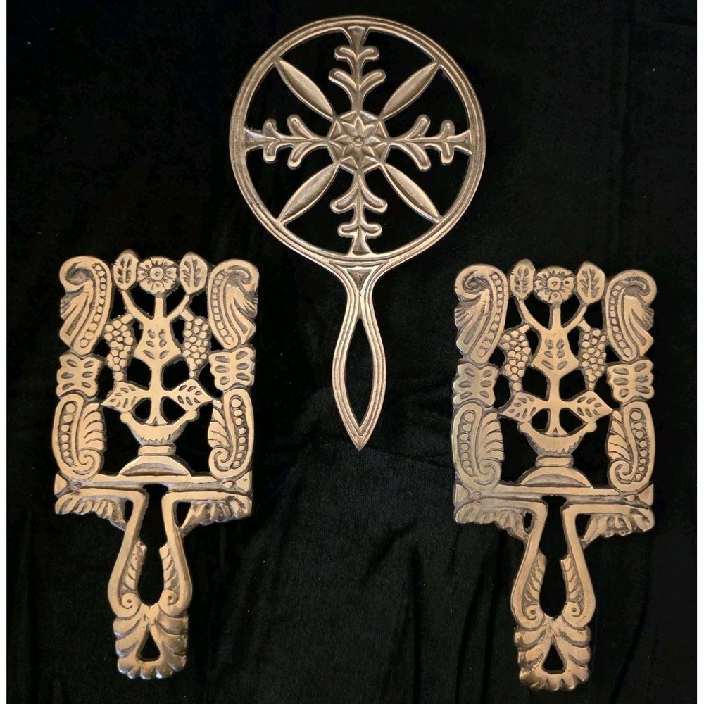 Vintage Ornate Brass‎ Trivets, Set of 3. 1 Snowflake 2 Egyptian Leaves